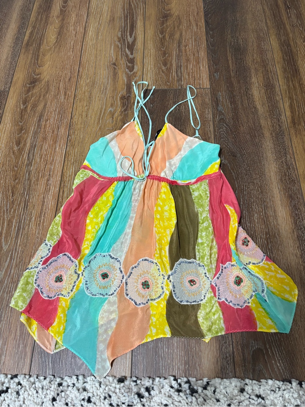 Poleci Multicolor Striped Beaded Flowers Spaghetti Strap Tank 100% silk Y2K